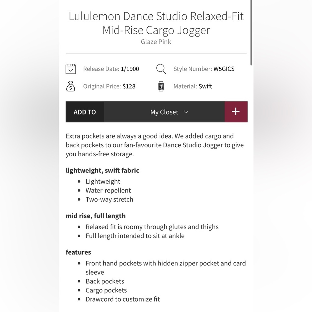 Lululemon NWT Dance Studio Relaxed Fit Mid Rise Cargo Joggers Glazed Pink Size M - Picture 9 of 15